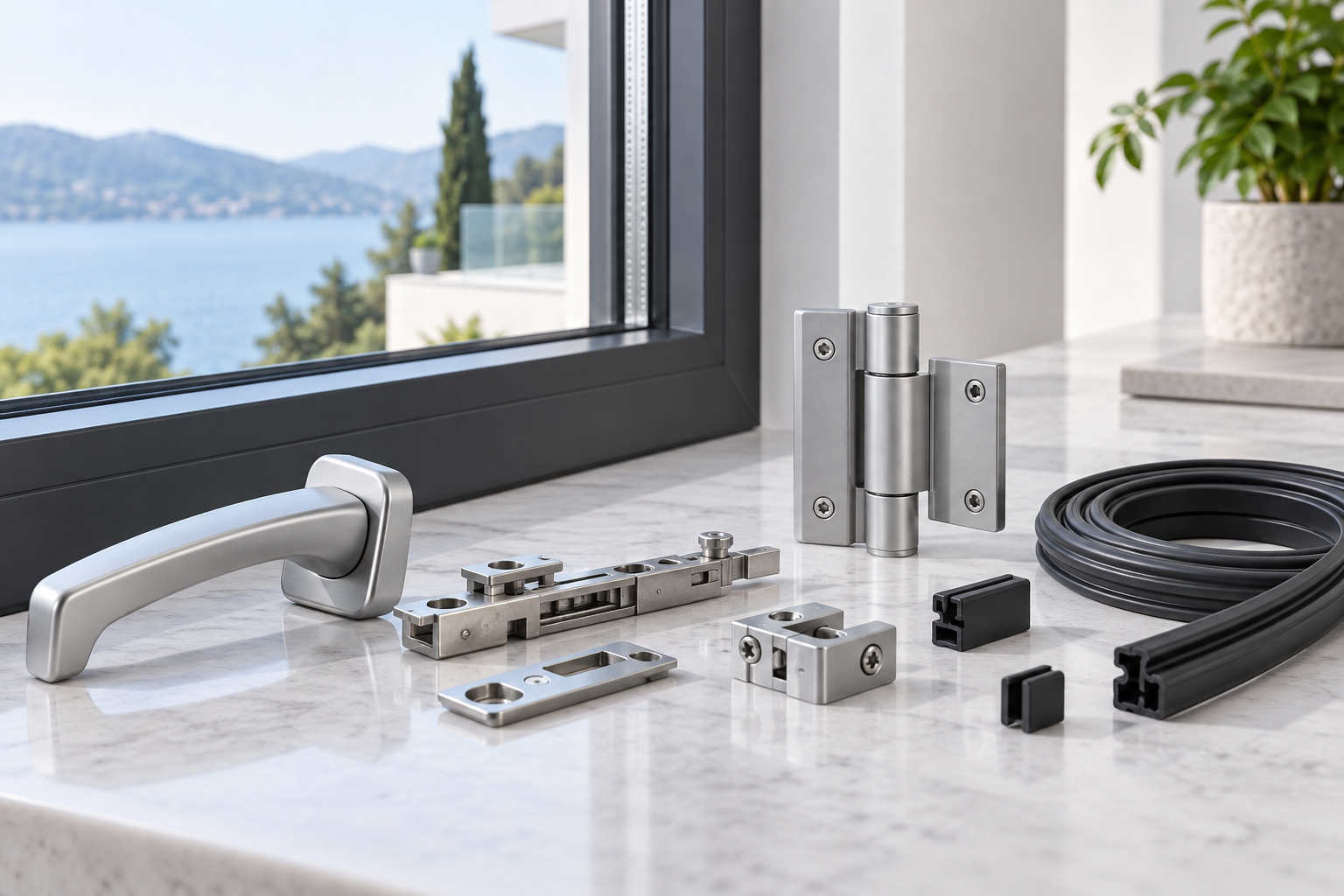 Handles, hinges and window accessories