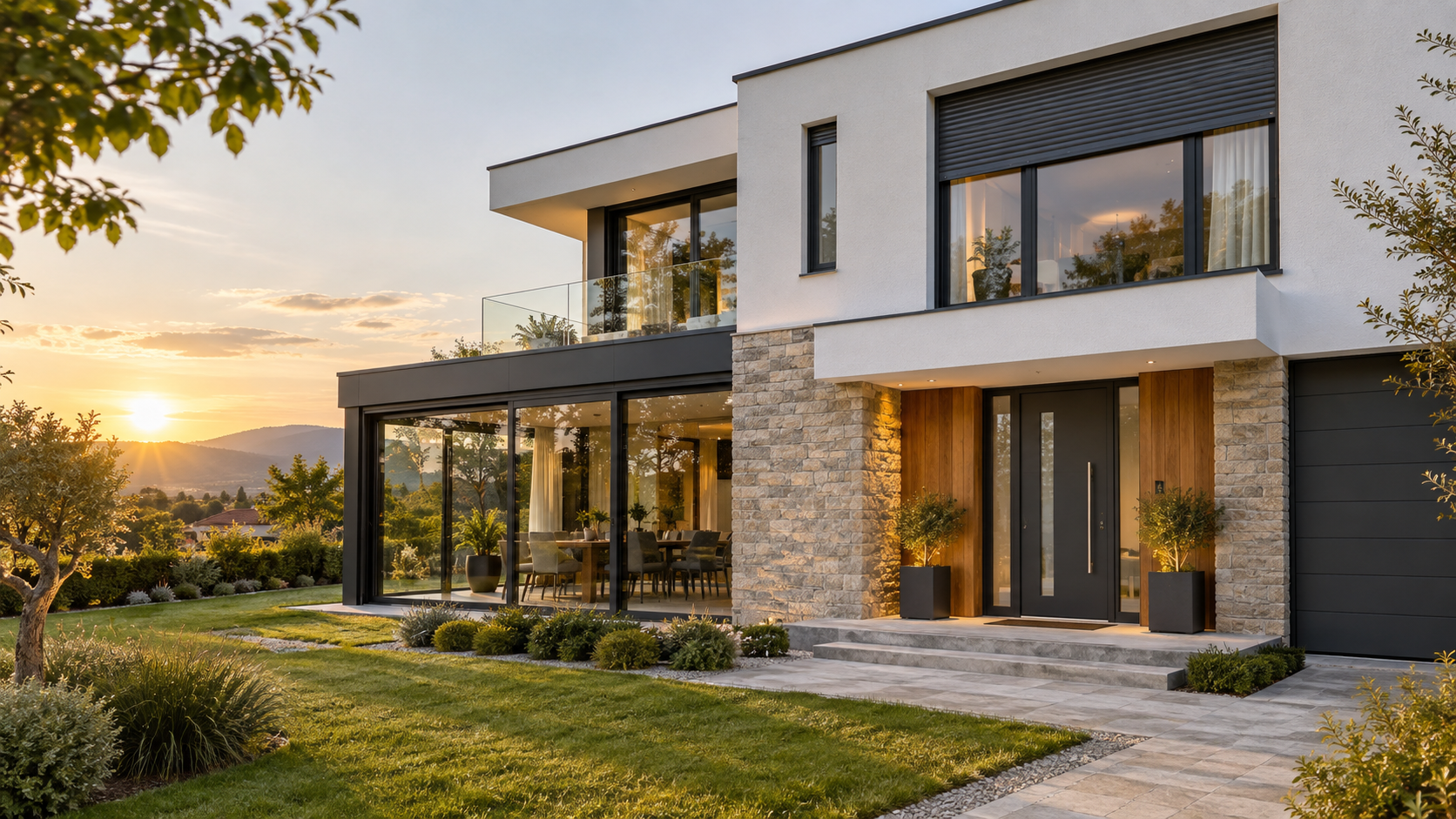 Modern home with PVC windows, aluminium systems, roller shutters and glass terrace