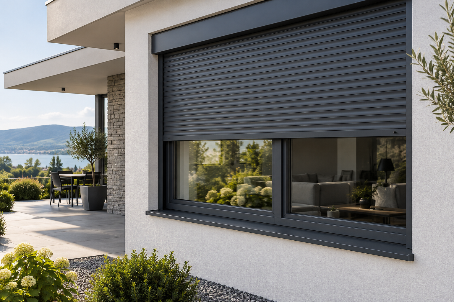Modern window with exterior aluminium roller shutters