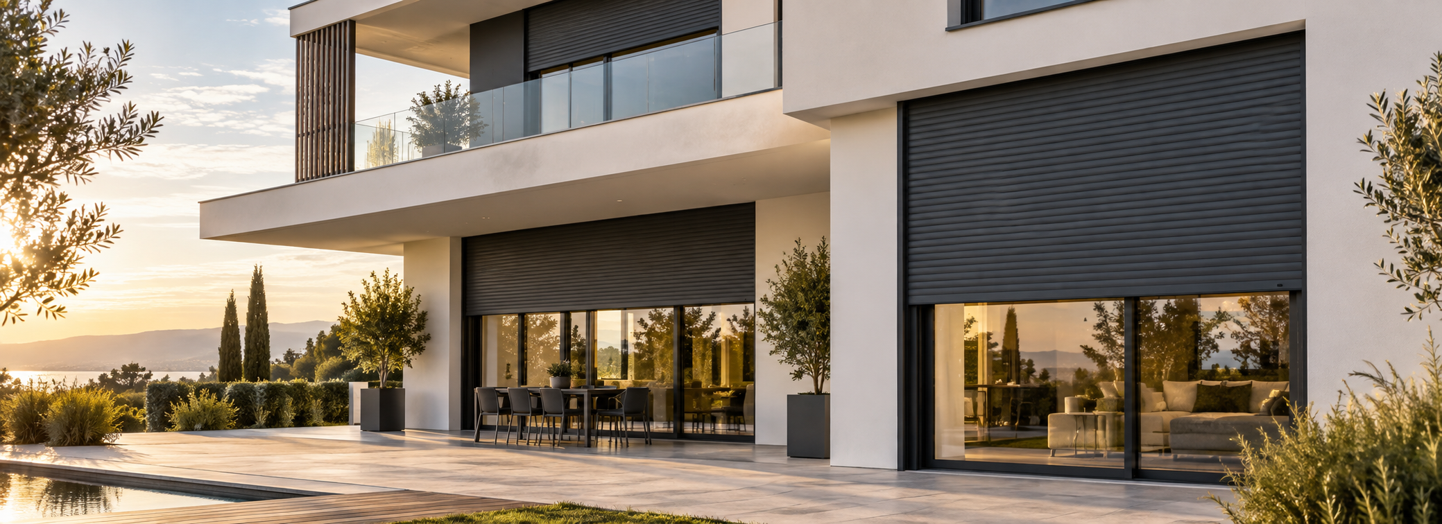 Casă modernă cu rulouri exterioare din aluminiu