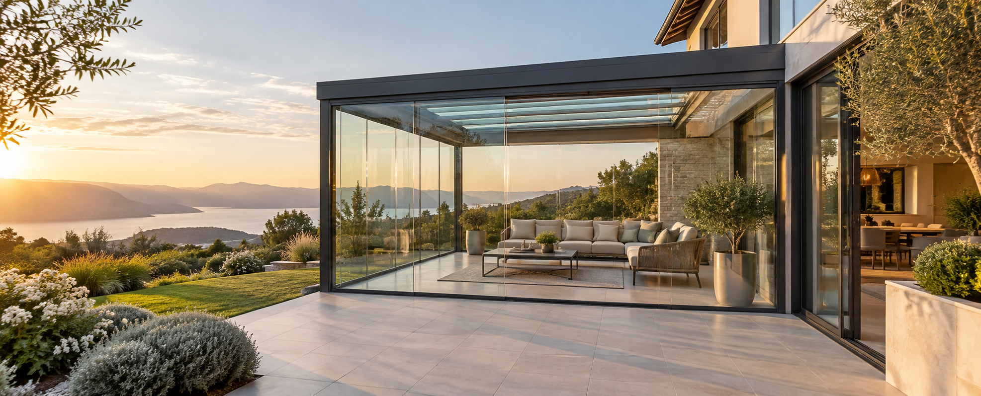 Modern terrace enclosed with glass panels