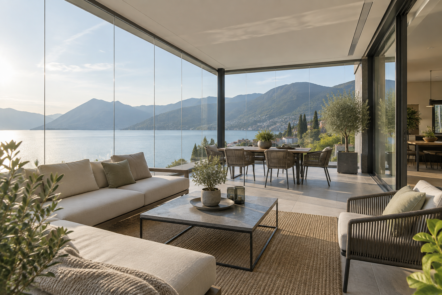 Modern terrace enclosed with glass panels